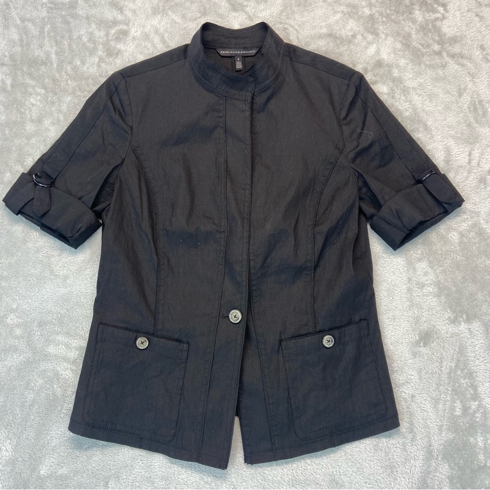 Preppy WHITE HOUSE BLACK MARKET Size 6 Black Linen 1/2 Sleeve Top Jacket Size 6